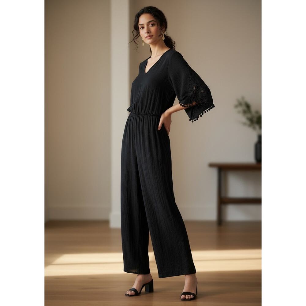 Black Soft Surrounings Romper Jumpsuit Flattering Sz M Crochet Lace Fringe Boho
